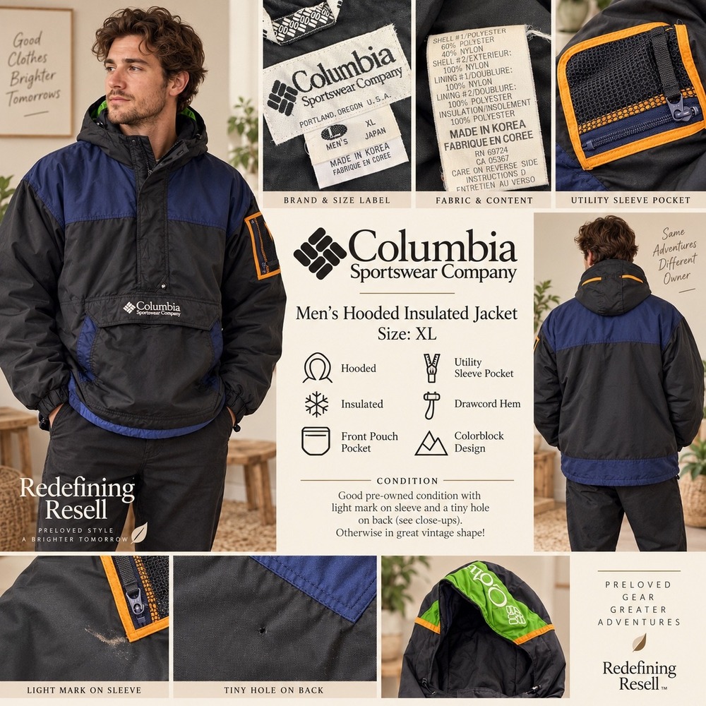 Vintage Columbia Mens Insulated Anorak Jacket XL Black Navy Colorblock Hooded